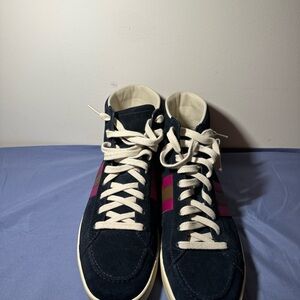 Gucci Navy Suede High-Top Sneakers with Pink Stripe